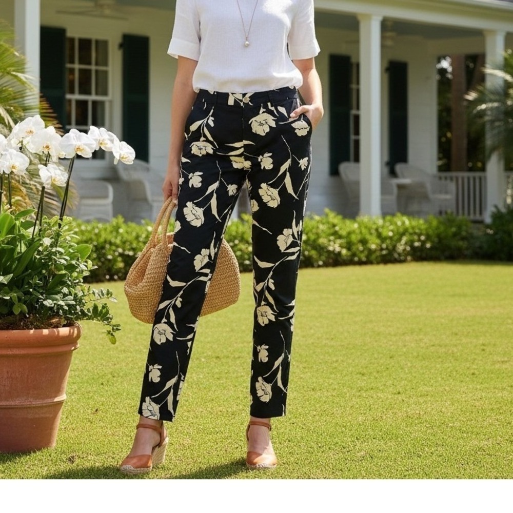 Lauren Ralph Lauren Womens Black Floral Print Straight Leg Pants Sz 12 Old Money